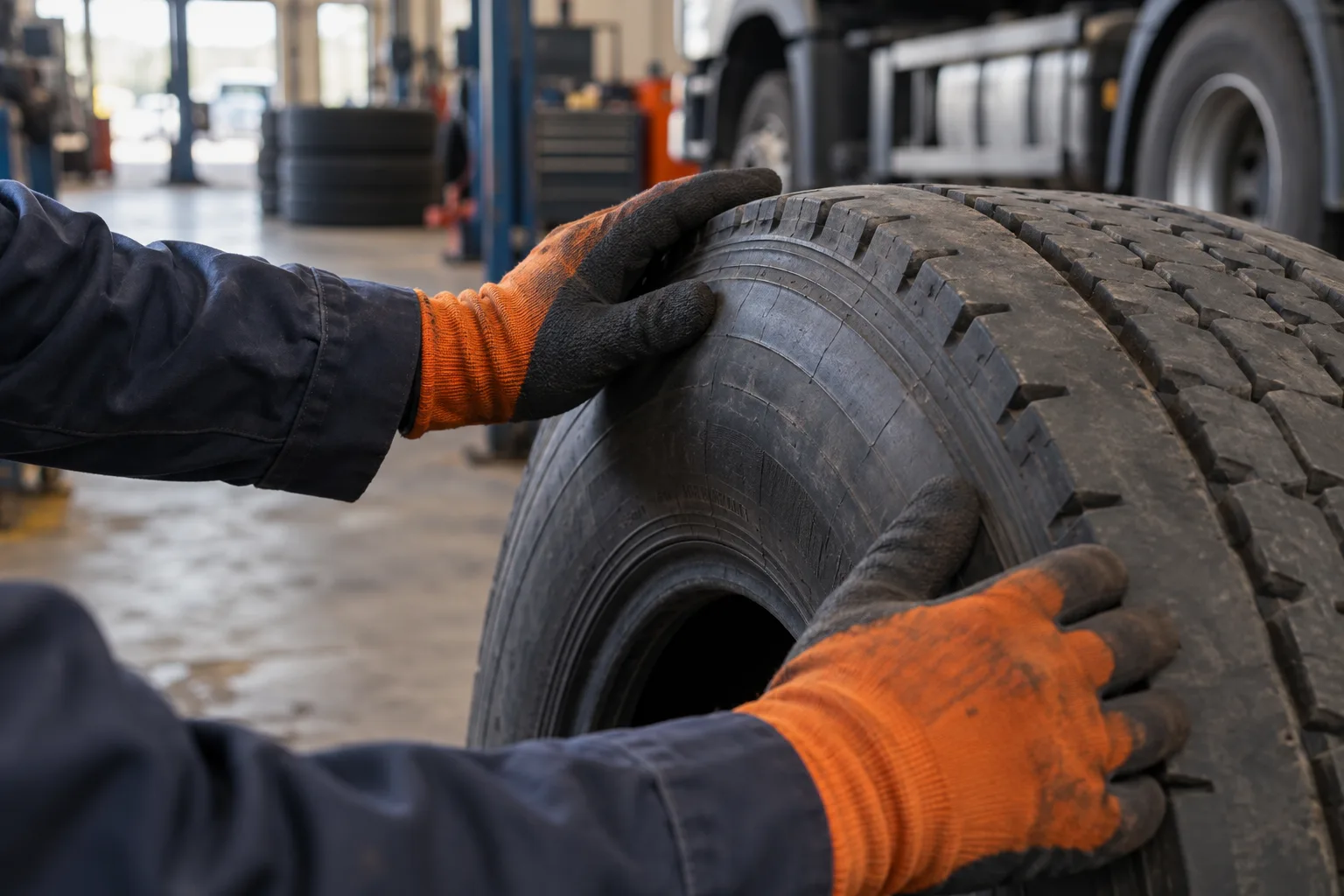 Illustrative image of gloved hands inspecting a truck tyre